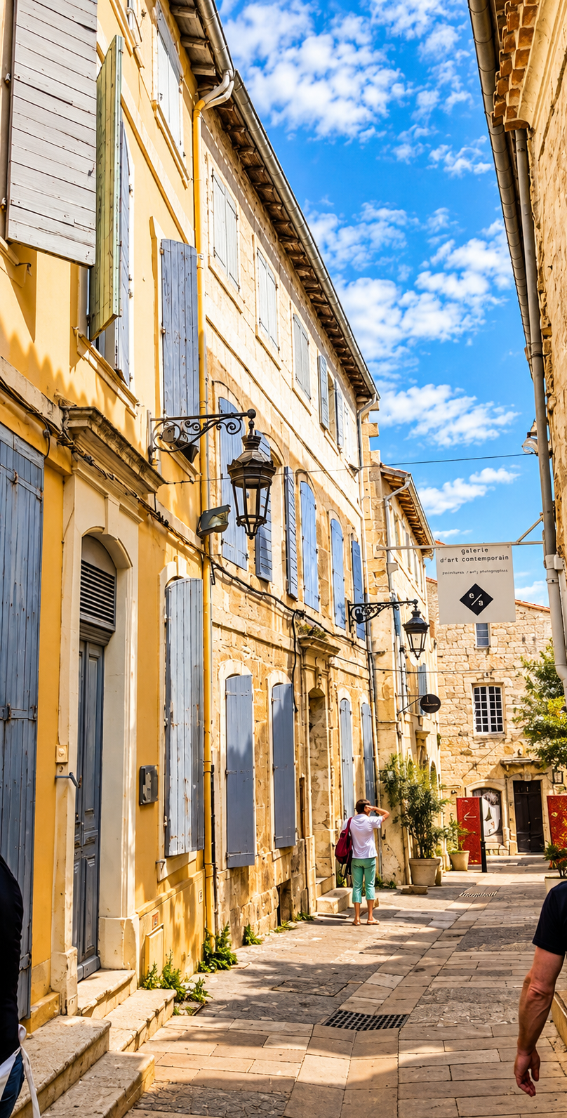 Narrow sunlit street in Arles with pale shutters and hanging lanterns