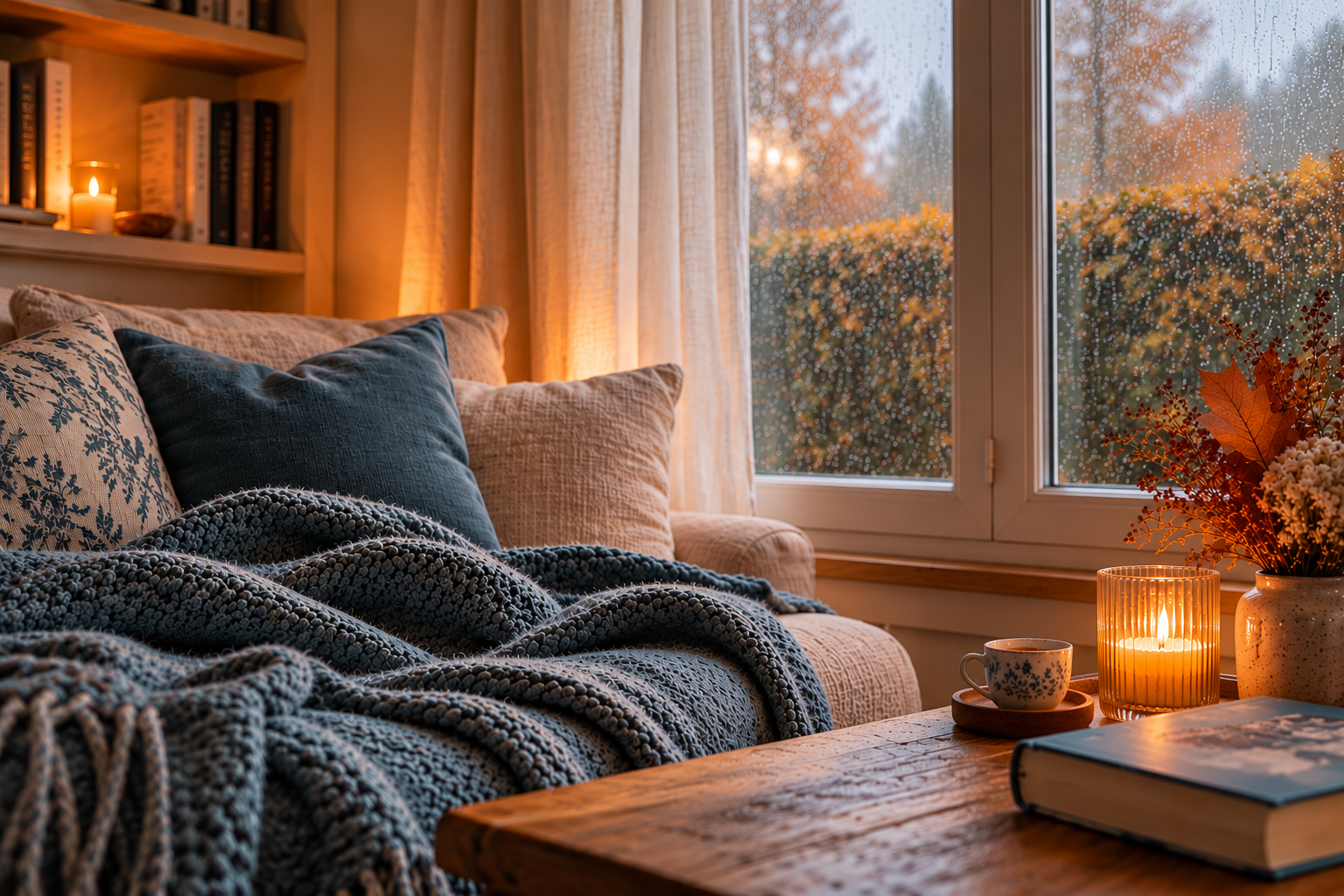 AI-created cozy reading nook with tea, candlelight and a rainy autumn window